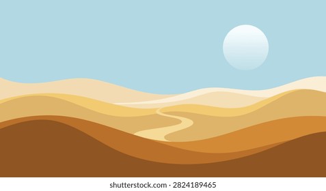 Minimalist Desert Dunes with Winding Path and Pale Sun Illustration