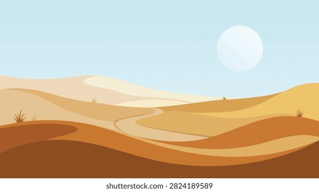 Minimalist Desert Dunes with Winding Path and Pale Sun Landscape Illustration