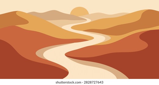 Minimalist desert landscape illustration featuring rolling sand dunes and a winding path under a warm sunset glow in earthy tones