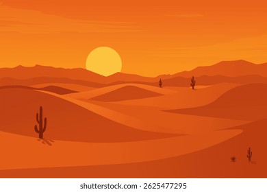 Minimalist Desert Landscape Illustration with Rolling Sand Dunes, Silhouetted Cactus Plants, and a Bright Setting Sun in a Warm Orange Sunset Sky