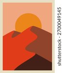 Minimalist Desert Landscape Vector. Abstract Bohemian Sunset or Sunrise over Sand Dunes in Earth Tones for Wall Art
