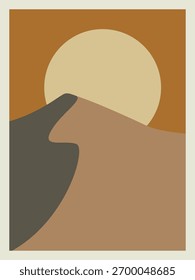 Vector minimalista del paisaje del desierto. Abstractas atardecer bohemio o amanecer sobre dunas de arena en tonos terrestres para arte de pared