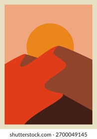 Minimalist Desert Landscape Vector. Abstract Bohemian Sunset or Sunrise over Sand Dunes in Earth Tones for Wall Art
