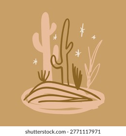 Minimalist desert landscape vector illustration, elegant boho line art with night sky saguaro cactus, modern southwest mountain silhouette, monochrome wild west branding element