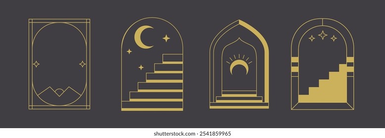 Vetor de paisagem do deserto minimalista com Lua e Estrelas Ideal para Boho Wall Art, Ilustrações da Natureza e Projetos de Design Celeste

