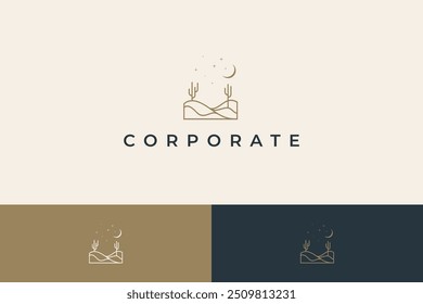 Minimalist desert logo with cactus and crescent element