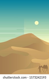 Minimalist desert panorama landscape with sand dunes and clear blue sky on very hot sunny day summer  concept. Scenery nature  background vector illustration