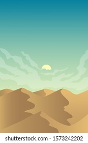 Minimalist desert panorama landscape with sand dunes and clear blue sky on very hot sunny day summer  concept. Scenery nature  background vector illustration