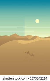 Minimalist desert panorama landscape with sand dunes and clear blue sky on very hot sunny day summer  concept. Scenery nature  background vector illustration