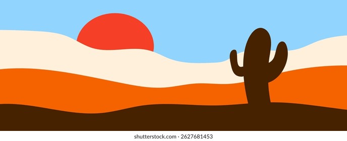 Vetor de fundo de bandeira de paisagem de desenho plano de desenhos animados de sol e terreno deserto minimalista.