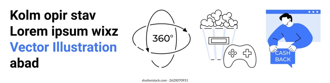Design minimalista com rotação de 360 graus, pipoca, controlador de jogos, cash back. Ideal para apresentações de tecnologia, blog de jogos, e-commerce, promoções de filmes, aplicativos financeiros, manuais do usuário, educacional
