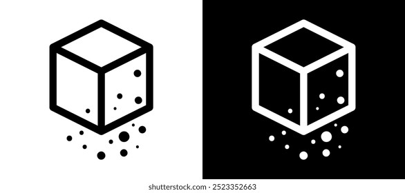 Um design minimalista com um cubo 3D em fundos pretos e brancos e partículas flutuantes