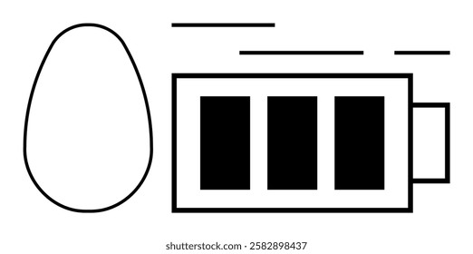 Minimalist design with battery icon showing three black bars indicating charge level next to an egg shape. Ideal for technology reviews, energy conservation, battery life improvement, gadget blogs