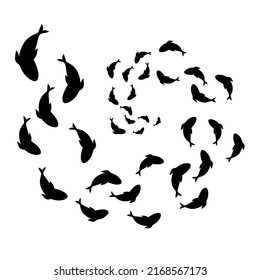 Minimalist design of black fish group silhouette swimming in a spiral. Isolated on a white background. Great for marine life background logos. Vector illustration.