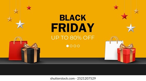 Minimalist design of the Black Friday sale banner. Gifts with gold bows, a shopping bag and black podium