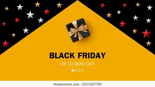 Minimalist design of the Black Friday sale banner. Gift with gold bows and stars