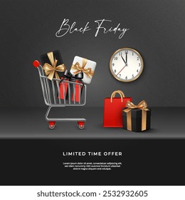 Design minimalista do banner de venda Black Friday. Presentes com arcos de ouro e carrinho de compras no pódio preto