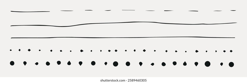 Minimalist design with black lines and dots. Lines and dots vary in thickness and size. Simple lines and dots create a modern, abstract pattern. Creative elements, vector set.