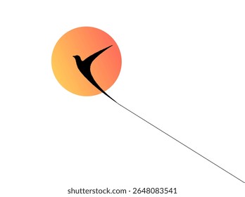 a minimalist design with a black silhouette of a bird in flight, positioned against a circular orange and yellow gradient that resembles a sun.