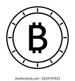 A minimalist design in black-and-white style featuring a Bitcoin symbol centered in a circle adorned with tick marks. Ideal for cryptocurrency, finance, tech innovation, blockchain, digital economy