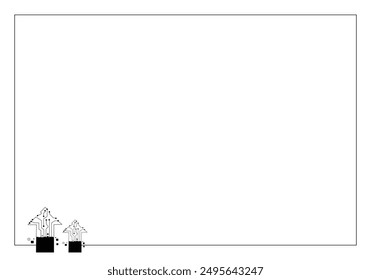 A minimalist design with a blank white background and two small technology arrow icons in the bottom-left corner, perfect for presentations, business cards, and clean layout projects. Editable. EPS 10