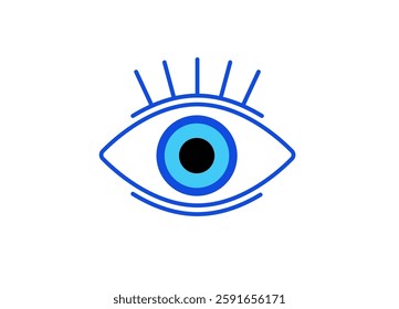 Minimalist design of a blue and black eye icon with eyelashes in a simple line representation.