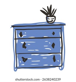 A minimalist design of a blue drawer featuring a plant, adding a natural touch to a modern interior. Ideal for home decor, living room, or office space.