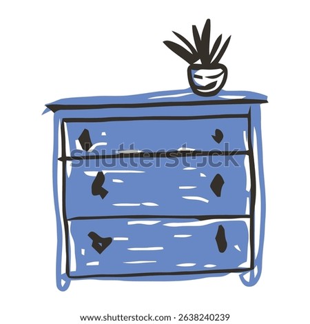 A minimalist design of a blue drawer featuring a plant, adding a natural touch to a modern interior. Ideal for home decor, living room, or office space.