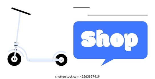 A minimalist design with a blue speech bubble containing the word Shop and a white kick scooter. Ideal for online stores, transportation services, mobility solutions, e-commerce platforms