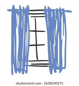 A minimalist design of blue window curtains with black outlines. Perfect for home interior design and decoration projects.