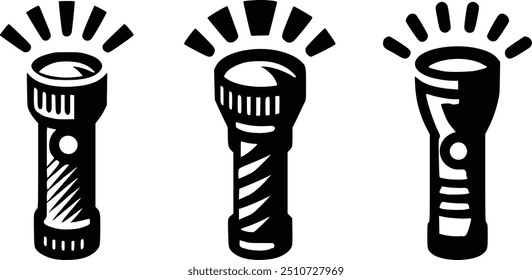 The minimalist design captures the essential features of a handheld flashlight, emphasizing its form with a strong, black silhouette. Ideal for use in various design projects