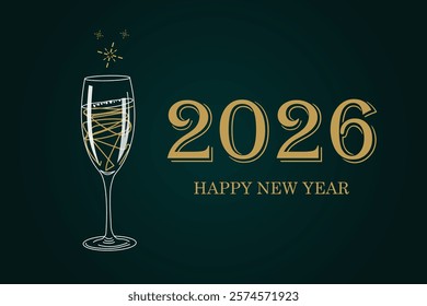A minimalist design celebrating the New Year, featuring a glass of champagne with sparkling bubbles and a stylized "2026" in elegant gold typography.