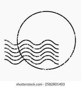 Minimalist design with a circle and wavy lines. Simple, abstract art featuring a circle and waves. Black and white circle and wave pattern. Travel stamp vector.