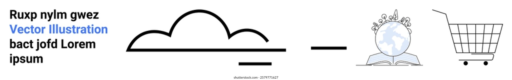 Minimalist design with a cloud, globe with graduation cap, and shopping cart. Ideal for education, international studies, online shopping, digital innovation, and global commerce. Banner for landing