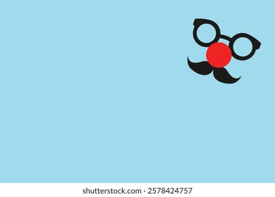 Minimalist design of clown glasses, a red nose, and a mustache on a bright blue background, symbolizing April Fools humor.