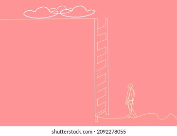 concepto de diseño minimalista con nubes y gente esperando subir por la escalera