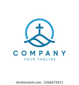 Minimalist design of a cross symbol on a hill, with a white background, vector eps 10