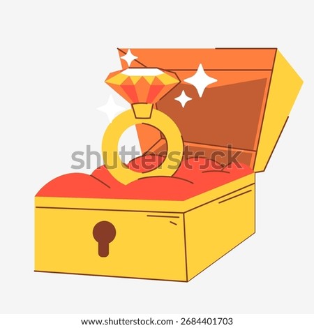 A minimalist design depicts a valuable ring with a precious stone inside an open decorative box offering a suggestion of affluence and exceptional allure. The color scheme of orange, yellow and red