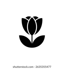 Minimalist design displaying a black flat stylized flower icon with symmetrical petals and leaves on a transparent backdrop. Clean and adaptable for various projects.