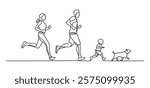 A minimalist design drawn on a beautiful day, with family members and their cute dogs jogging. Hand-drawn, reflecting the theme of sports, elegant presentation of movement. Continuous line drawing.