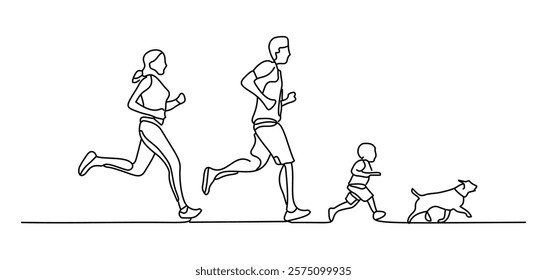 A minimalist design drawn on a beautiful day, with family members and their cute dogs jogging. Hand-drawn, reflecting the theme of sports, elegant presentation of movement. Continuous line drawing.