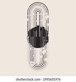 Minimalist design element . Grunge textured circle with arch in Boho style . Vector abstract shape.