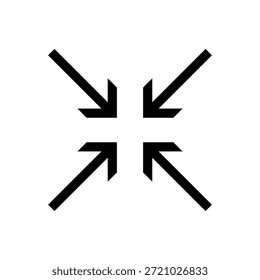 Um design minimalista de um ícone de expansão ou recolhimento da interface do usuário. Quatro setas pretas convergem, indicando saída ou minimização em tela cheia.