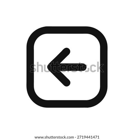Minimalist design features a black square with rounded corners and pointing left arrow.