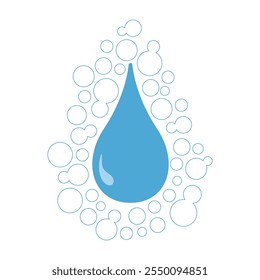 El diseño minimalista presenta una gota de agua azul rodeada de burbujas, que simboliza pureza, limpieza y sostenibilidad. Perfecto para una marca ecológica, hidratante o con temática acuática.