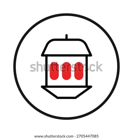 A minimalist design features a stylized lantern with distinct red highlights within a structured geometric frame. Enclosed in a circular border, the graphic representation offers a contemporary take