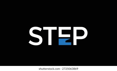 Un diseño minimalista presenta la palabra STEP en letras mayúsculas blancas en negrita sobre un fondo negro. La letra 'E' incorpora un distintivo
