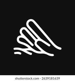 A minimalist design featuring abstract white lines on a black background evoking a sense of flowing movement and organic form.