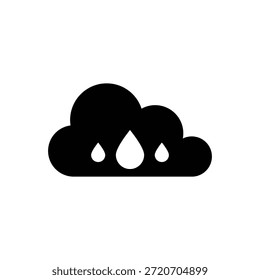 Um design minimalista com uma nuvem preta com gotas de chuva sobre um fundo branco limpo, representando condições climáticas chuvosas ou tempestuosas.