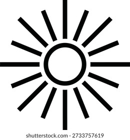 Un diseño minimalista con un símbolo de sol negro con líneas radiantes alrededor de un centro circular, sobre un fondo blanco limpio